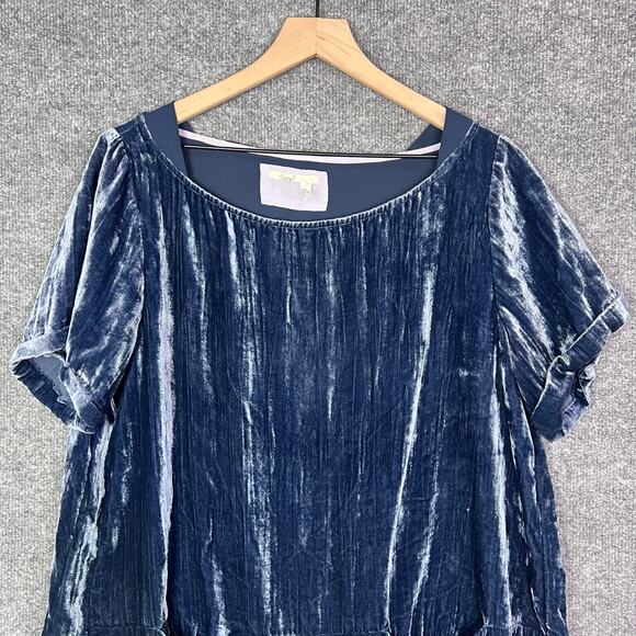 Anthropologie Floreat Crushed Velvet Shirt Dress Pockets Blue Large Petite - Picture 4 of 9